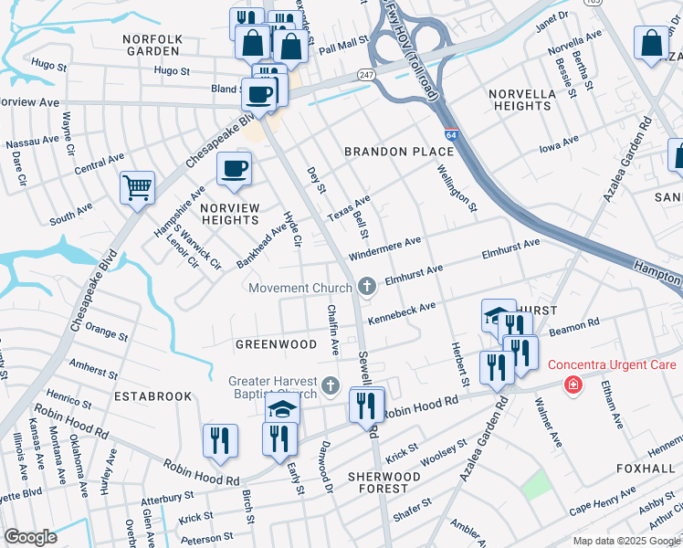 map of restaurants, bars, coffee shops, grocery stores, and more near 3321 Sewells Point Road in Norfolk