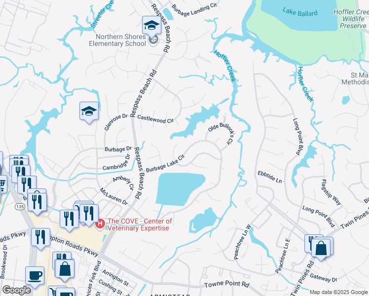 map of restaurants, bars, coffee shops, grocery stores, and more near 6782 Burbage Lake Cir in Suffolk