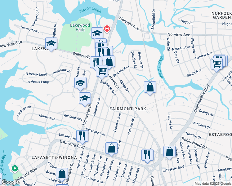 map of restaurants, bars, coffee shops, grocery stores, and more near 3522 Bapaume Avenue in Norfolk