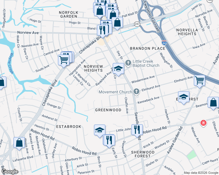 map of restaurants, bars, coffee shops, grocery stores, and more near 4623 Windermere Avenue in Norfolk