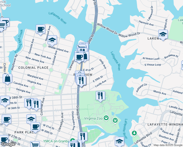 map of restaurants, bars, coffee shops, grocery stores, and more near in Norfolk