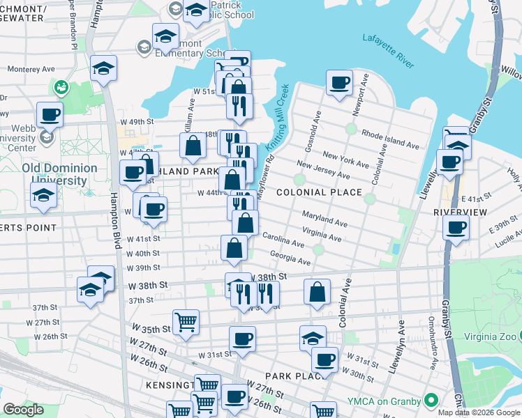 map of restaurants, bars, coffee shops, grocery stores, and more near 733 Maryland Avenue in Norfolk