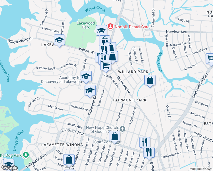 map of restaurants, bars, coffee shops, grocery stores, and more near 3502 Somme Avenue in Norfolk