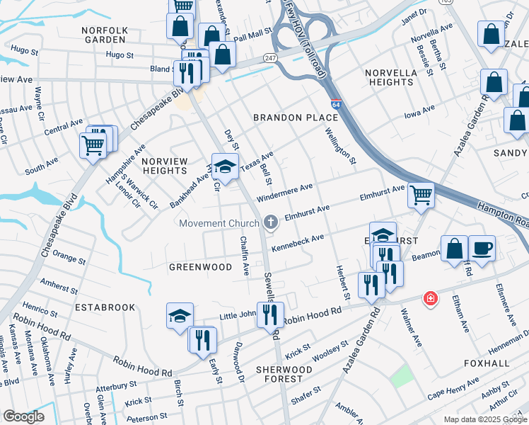 map of restaurants, bars, coffee shops, grocery stores, and more near 3314 Sewells Point Road in Norfolk