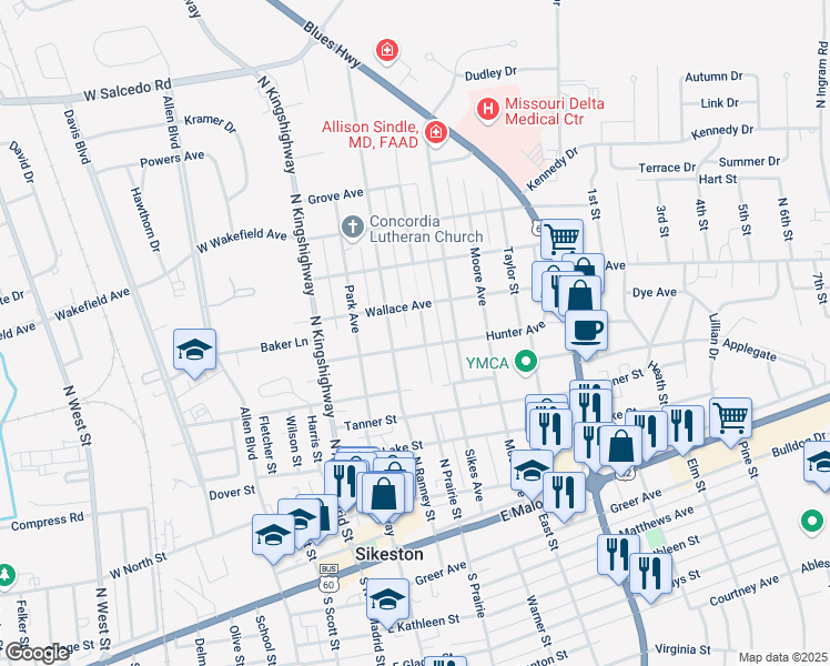 map of restaurants, bars, coffee shops, grocery stores, and more near 616 North Ranney Street in Sikeston