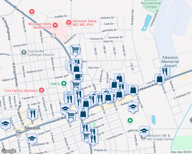 map of restaurants, bars, coffee shops, grocery stores, and more near 908 Tanner Street in Sikeston