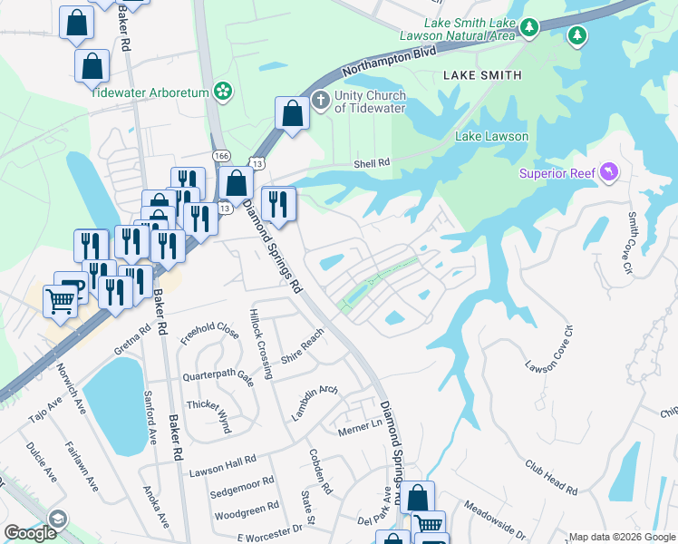 map of restaurants, bars, coffee shops, grocery stores, and more near 5628 Memorial Drive in Virginia Beach