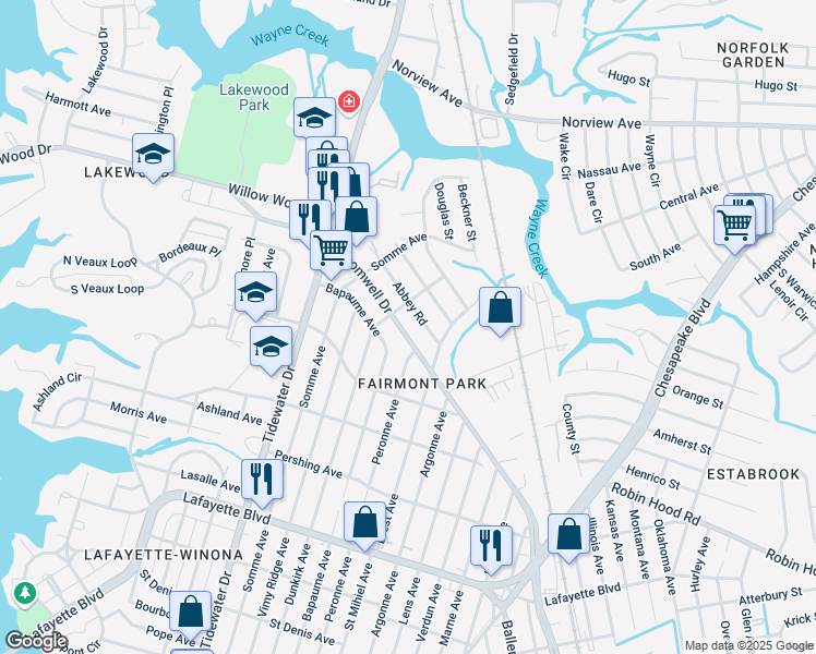 map of restaurants, bars, coffee shops, grocery stores, and more near 2206 Cromwell Dr in Norfolk