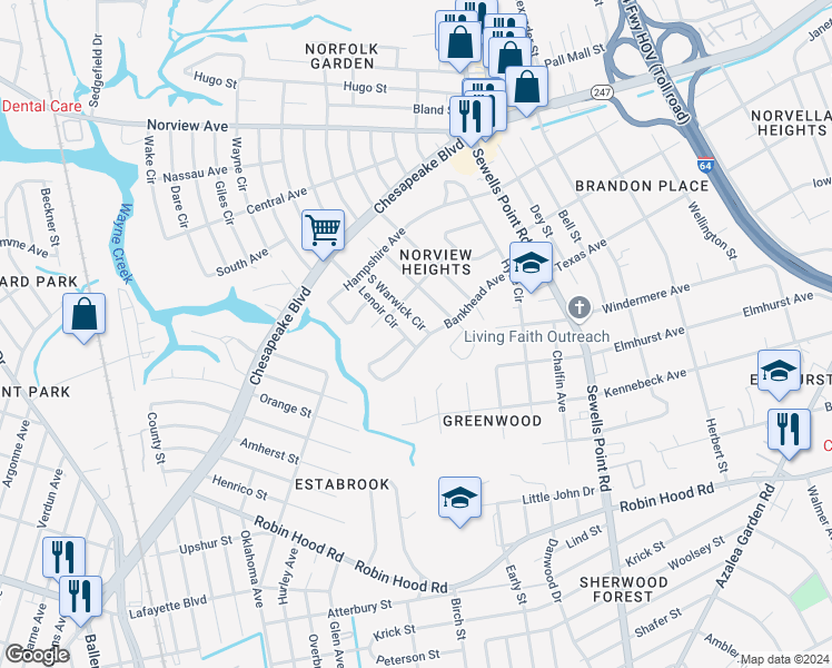 map of restaurants, bars, coffee shops, grocery stores, and more near 3505 South Warwick Circle in Norfolk