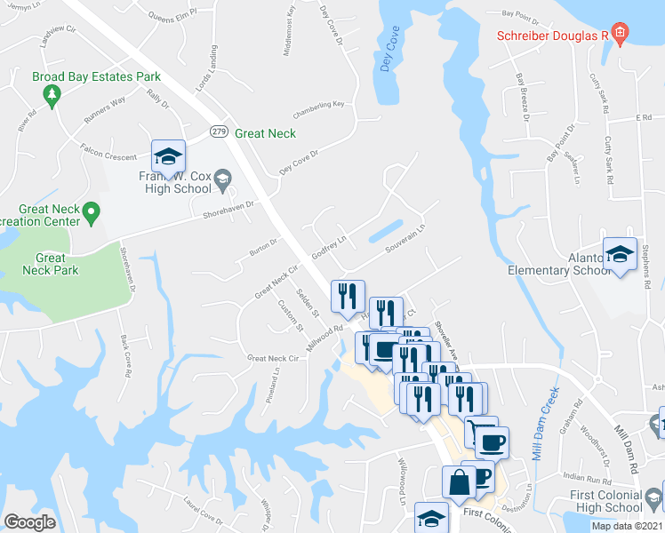 map of restaurants, bars, coffee shops, grocery stores, and more near 2297 Souverain Lane in Virginia Beach