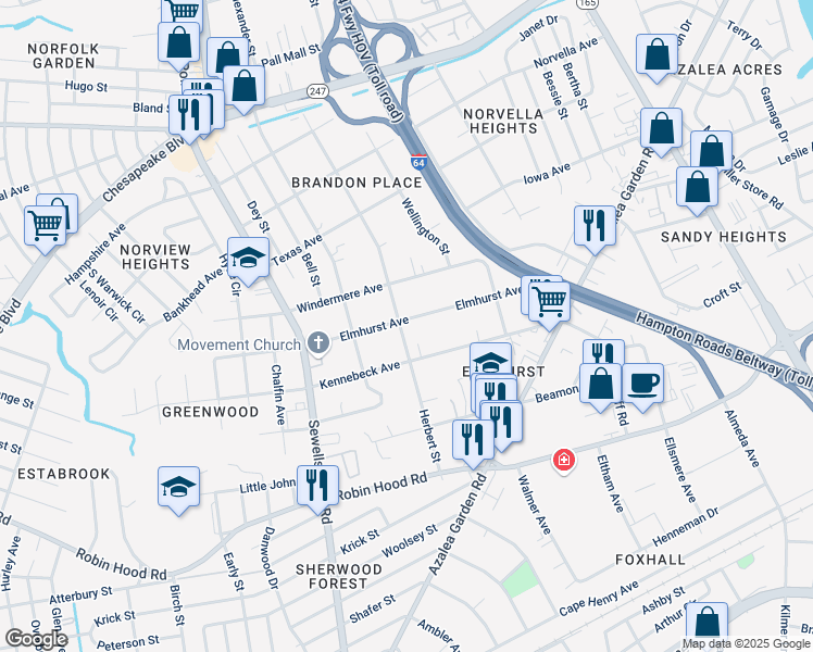map of restaurants, bars, coffee shops, grocery stores, and more near 3226 Herbert Street in Norfolk