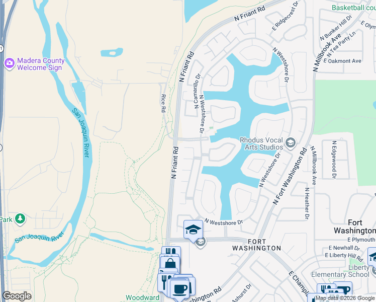 map of restaurants, bars, coffee shops, grocery stores, and more near 411 East Swallow Court in Fresno