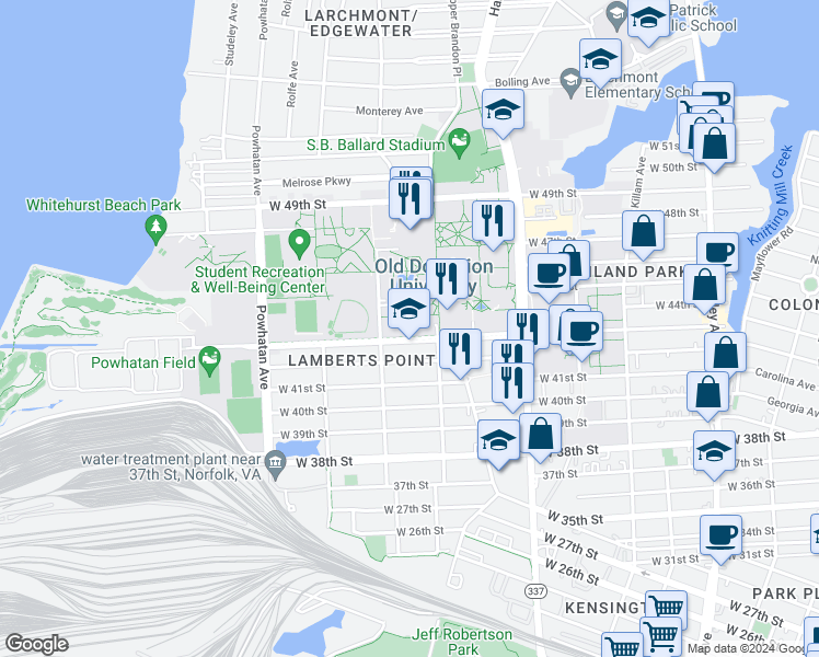 map of restaurants, bars, coffee shops, grocery stores, and more near 4310 Elkhorn Avenue in Norfolk