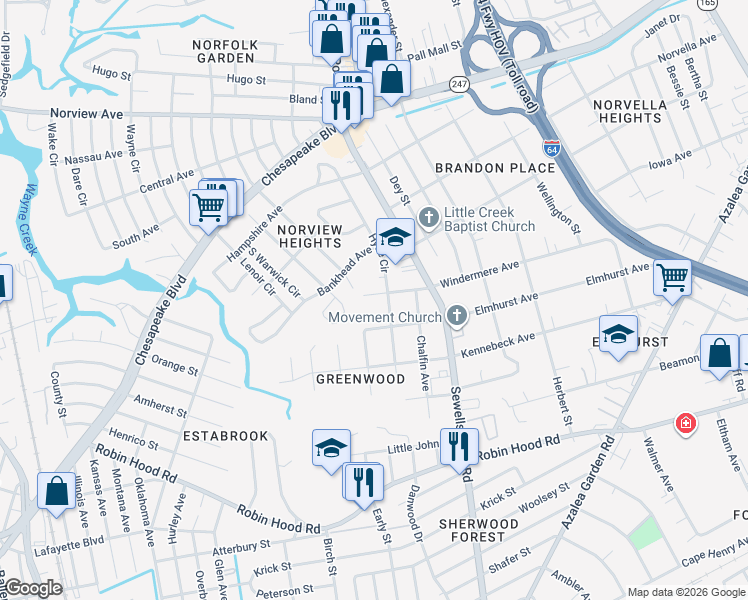 map of restaurants, bars, coffee shops, grocery stores, and more near 4623 Windermere Avenue in Norfolk