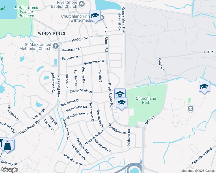 map of restaurants, bars, coffee shops, grocery stores, and more near 4206 River Shore Road in Portsmouth
