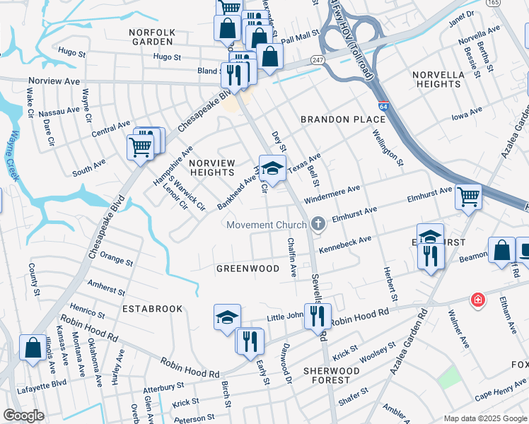 map of restaurants, bars, coffee shops, grocery stores, and more near 4635 Windermere Avenue in Norfolk