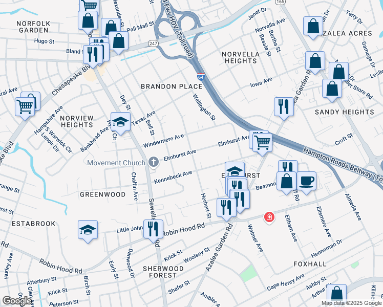 map of restaurants, bars, coffee shops, grocery stores, and more near 3226 Herbert Street in Norfolk