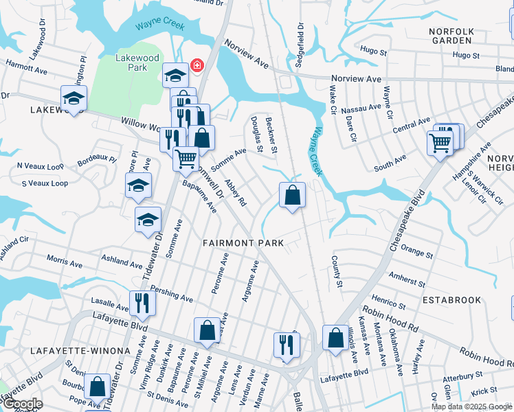 map of restaurants, bars, coffee shops, grocery stores, and more near 3538 Brest Avenue in Norfolk
