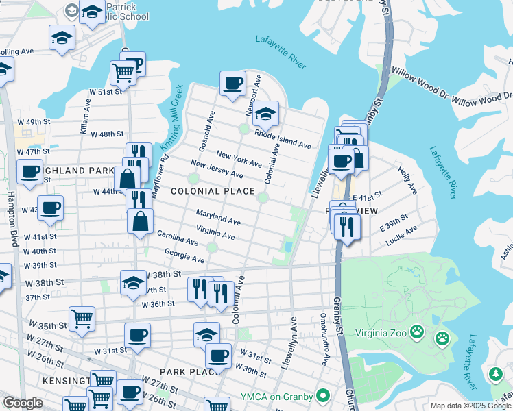 map of restaurants, bars, coffee shops, grocery stores, and more near 4403 Colonial Avenue in Norfolk