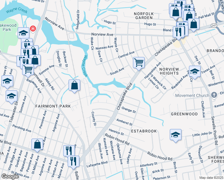 map of restaurants, bars, coffee shops, grocery stores, and more near 3568 Norland Circle in Norfolk