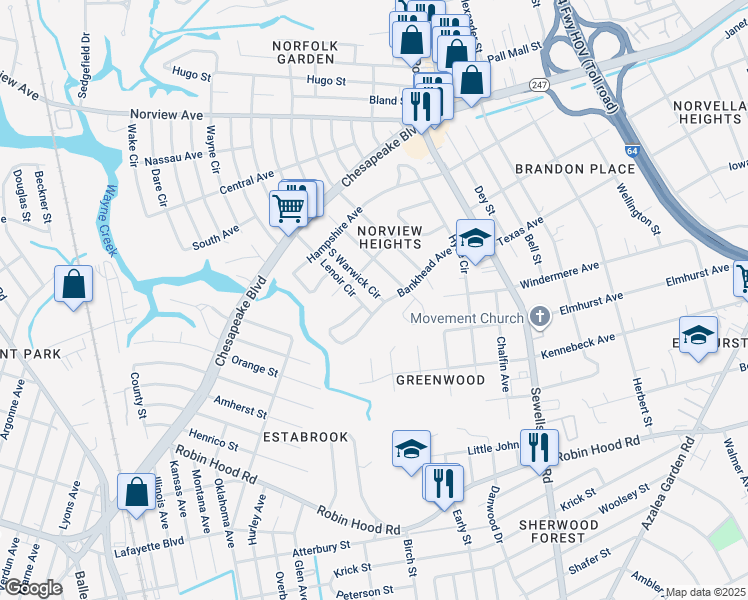 map of restaurants, bars, coffee shops, grocery stores, and more near 3505 South Warwick Circle in Norfolk