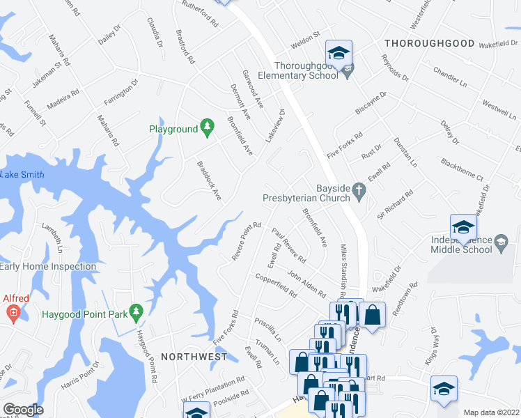 map of restaurants, bars, coffee shops, grocery stores, and more near 4705 Five Forks Circle in Virginia Beach