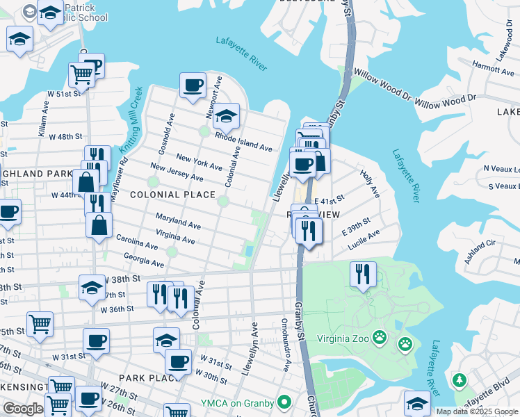 map of restaurants, bars, coffee shops, grocery stores, and more near 410 Delaware Avenue in Norfolk