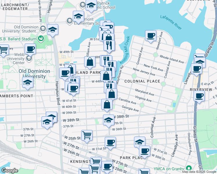 map of restaurants, bars, coffee shops, grocery stores, and more near Colley Avenue & West 43rd Street in Norfolk