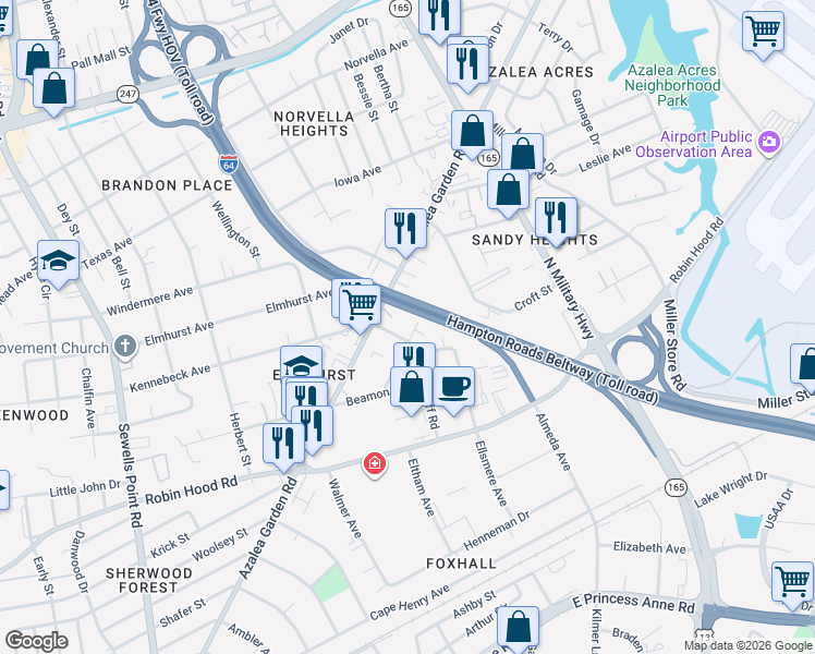 map of restaurants, bars, coffee shops, grocery stores, and more near 3309 Dunway Street in Norfolk