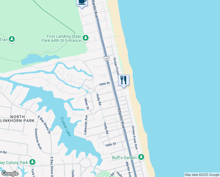 map of restaurants, bars, coffee shops, grocery stores, and more near 5710 Atlantic Avenue in Virginia Beach