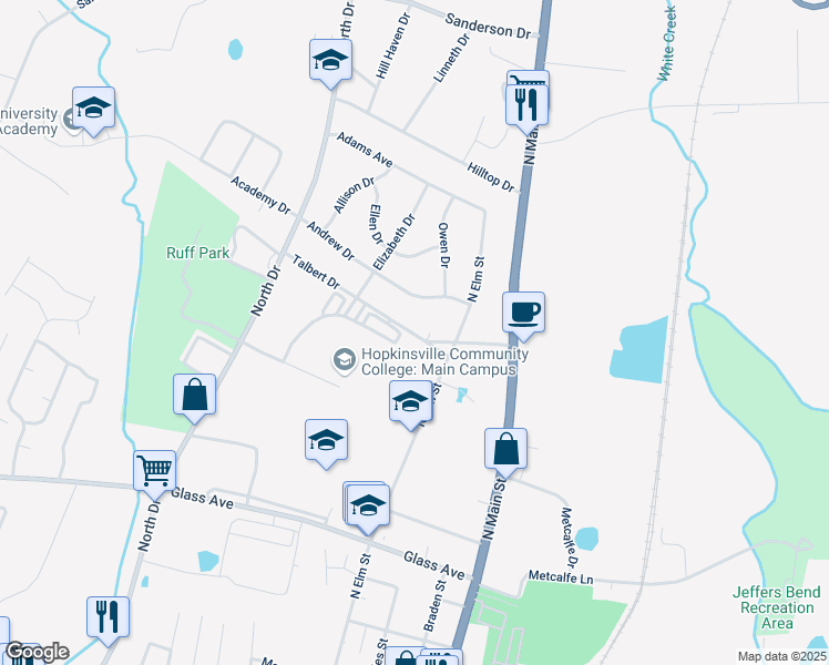 map of restaurants, bars, coffee shops, grocery stores, and more near 206 Talbert Drive in Hopkinsville