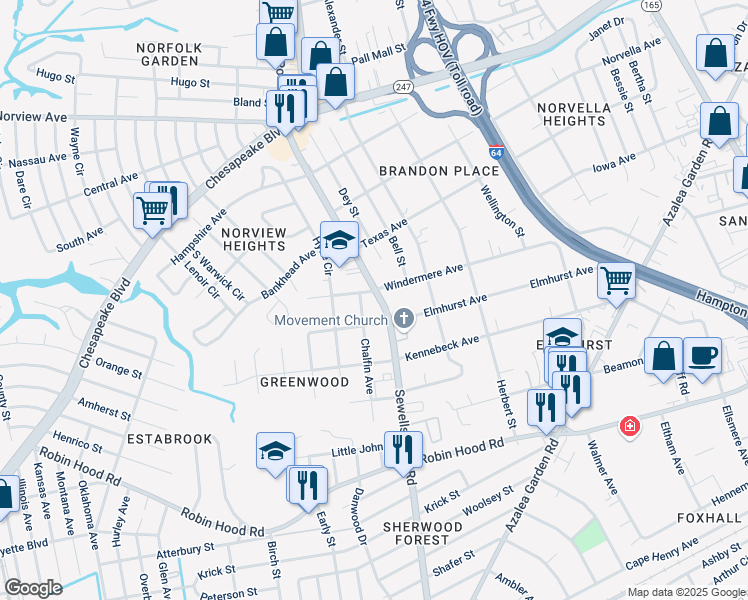 map of restaurants, bars, coffee shops, grocery stores, and more near 3325 Sewells Point Road in Norfolk