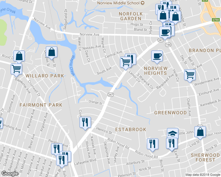 map of restaurants, bars, coffee shops, grocery stores, and more near 3571 Chesapeake Boulevard in Norfolk