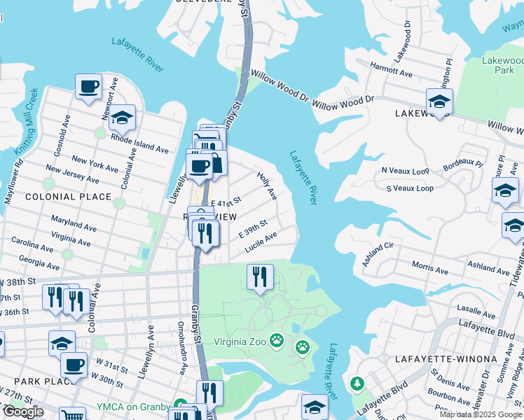 map of restaurants, bars, coffee shops, grocery stores, and more near 245 East 40th Street in Norfolk