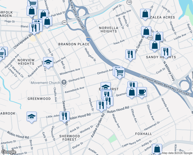 map of restaurants, bars, coffee shops, grocery stores, and more near 5145 Elmhurst Avenue in Norfolk