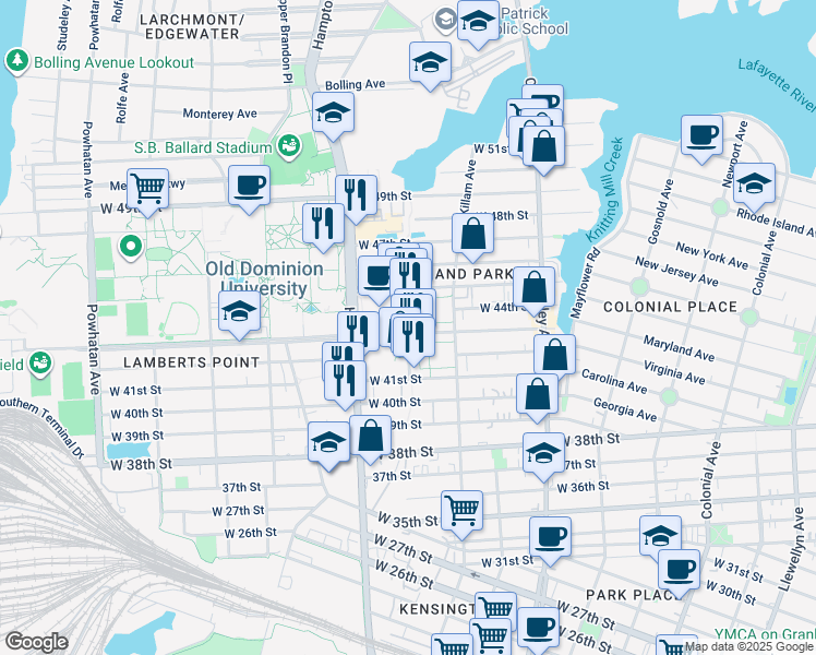 map of restaurants, bars, coffee shops, grocery stores, and more near 4301 Monarch Way in Norfolk