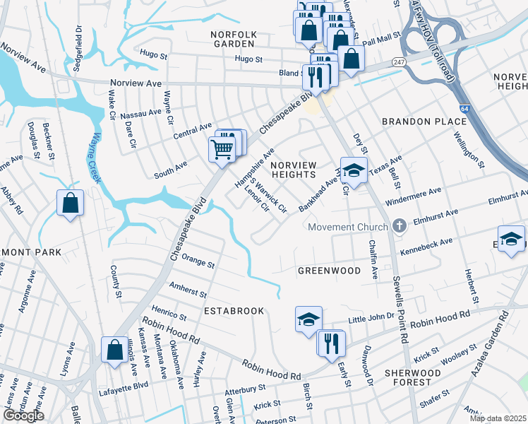 map of restaurants, bars, coffee shops, grocery stores, and more near 3527 Lenoir Circle in Norfolk