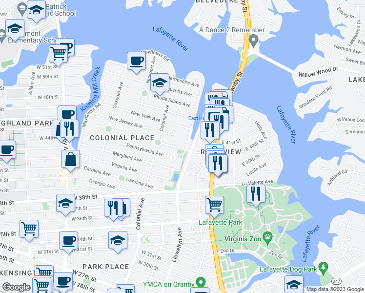 map of restaurants, bars, coffee shops, grocery stores, and more near 219 Delaware Avenue in Norfolk