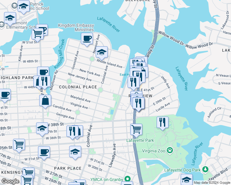 map of restaurants, bars, coffee shops, grocery stores, and more near 219 Delaware Avenue in Norfolk