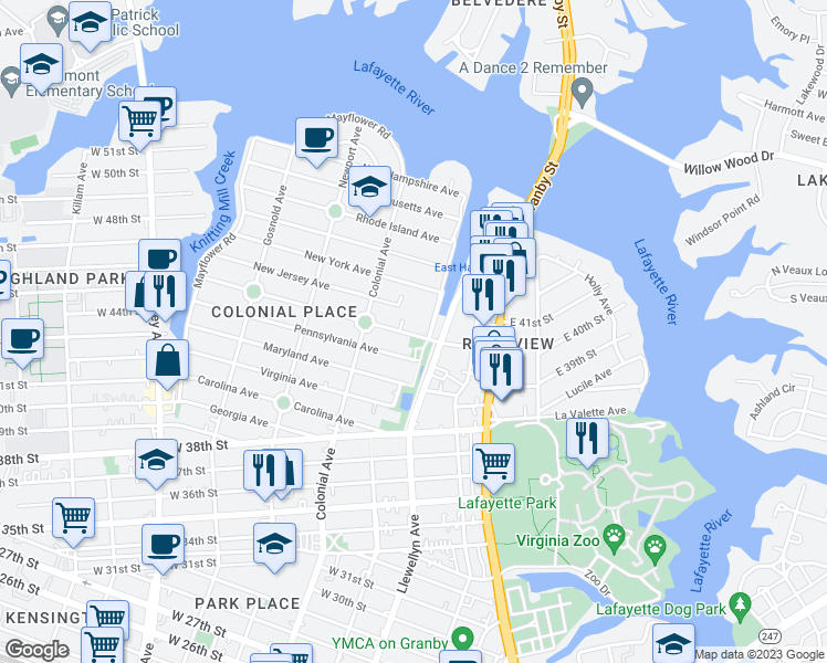 map of restaurants, bars, coffee shops, grocery stores, and more near 421 Delaware Avenue in Norfolk
