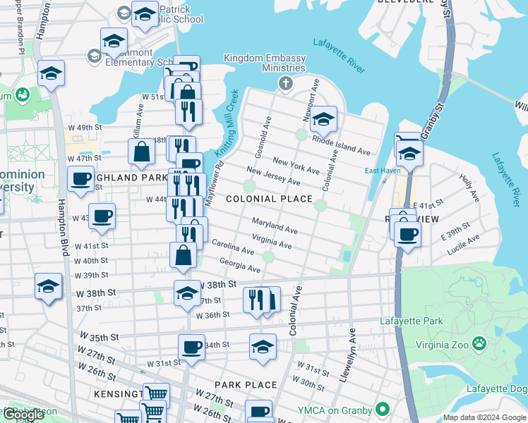 map of restaurants, bars, coffee shops, grocery stores, and more near 610 Maryland Avenue in Norfolk