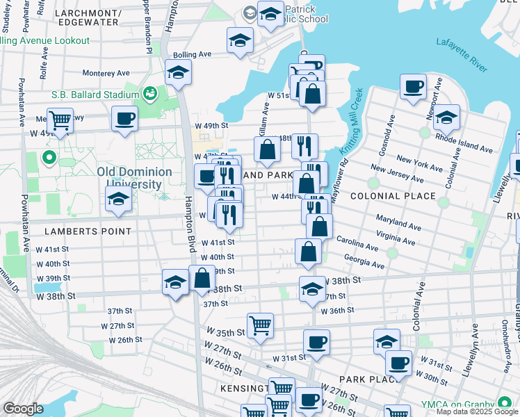 map of restaurants, bars, coffee shops, grocery stores, and more near 859 West 43rd Street in Norfolk