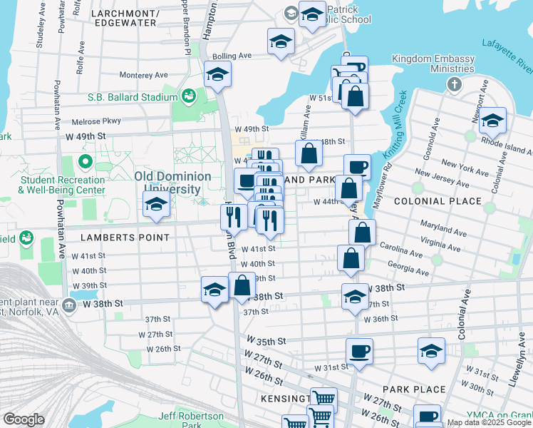 map of restaurants, bars, coffee shops, grocery stores, and more near 4301 Monarch Way in Norfolk