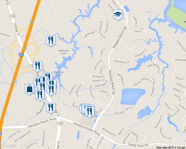 map of restaurants, bars, coffee shops, grocery stores, and more near 6201 Glenrose Drive in Suffolk
