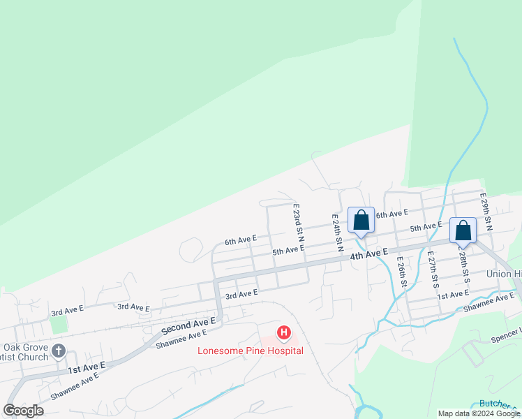 map of restaurants, bars, coffee shops, grocery stores, and more near 218 East 22nd Street South in Big Stone Gap