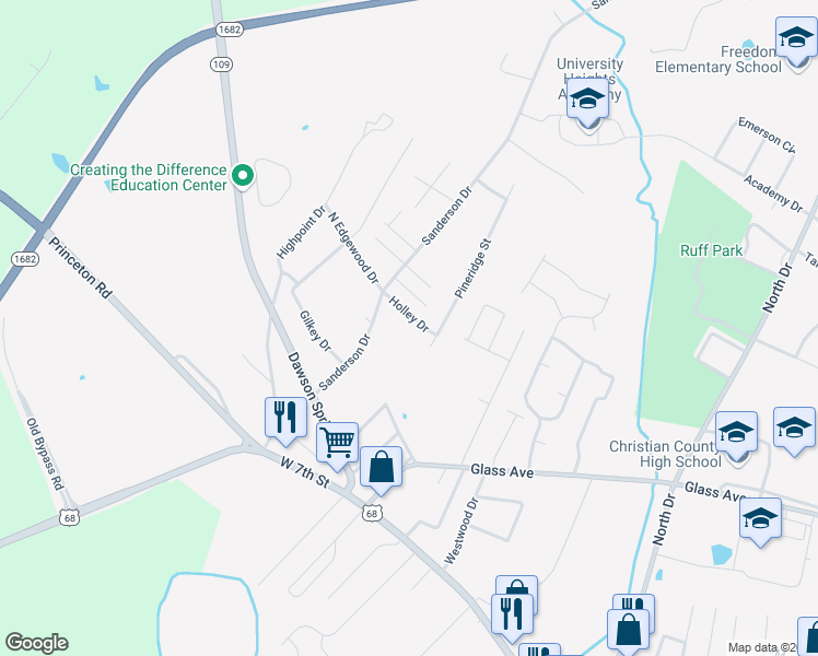 map of restaurants, bars, coffee shops, grocery stores, and more near 101-199 Holley Drive in Hopkinsville