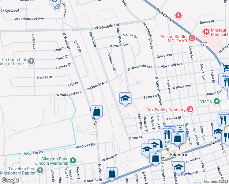 map of restaurants, bars, coffee shops, grocery stores, and more near 712 Davis Boulevard in Sikeston