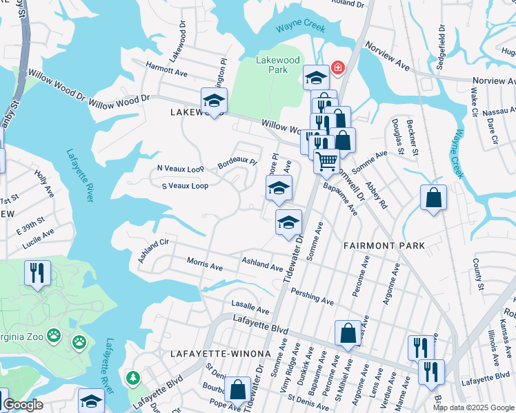 map of restaurants, bars, coffee shops, grocery stores, and more near 1610 Boyce Drive in Norfolk