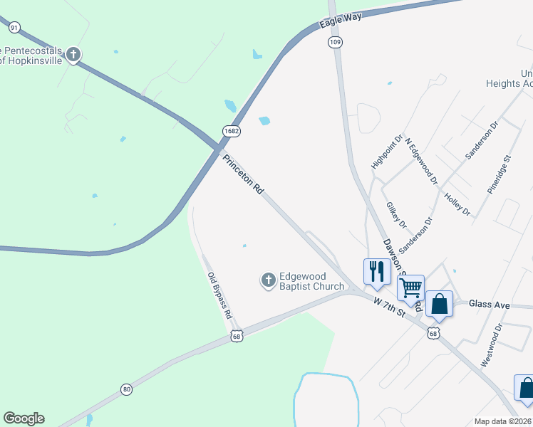map of restaurants, bars, coffee shops, grocery stores, and more near 2345 Princeton Road in Hopkinsville