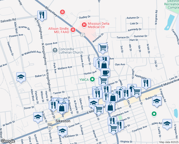 map of restaurants, bars, coffee shops, grocery stores, and more near 603 Taylor Street in Sikeston